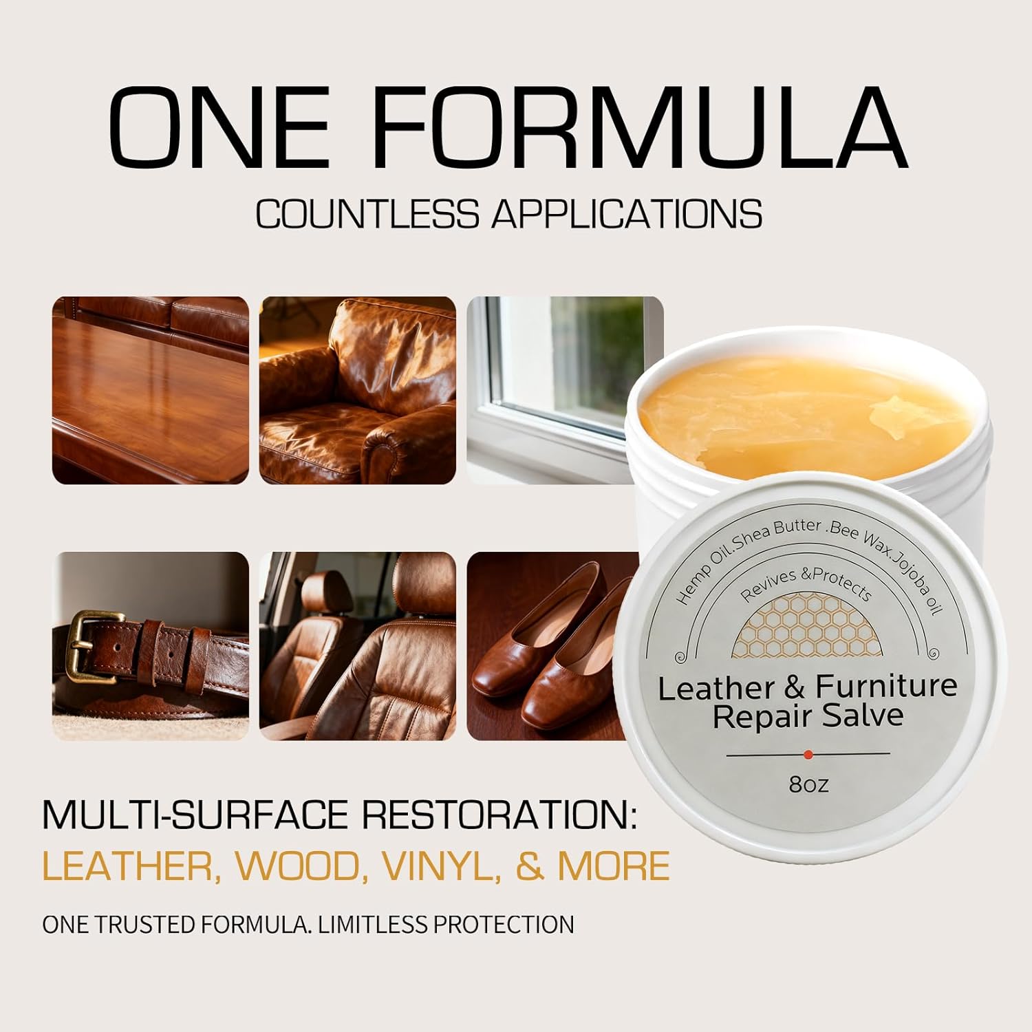 Furniture Salve for Leather Conditioner: Natural Oil Beeswax Formula for Couches Purse Bag Car Seat - Moisturizer and Restorer Leather Wood and Vinyl - Prevent Cracking or Fading & Water Rings (8oz)