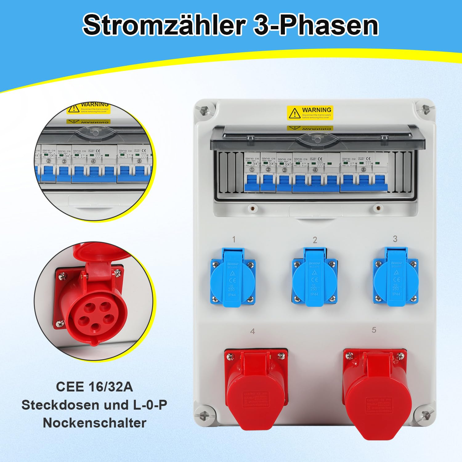 Rozdzielacz prądu budowlanego, 1 x CEE 32 A 400 V + 1 x CEE 16 A 400 V + 3 x 230 V Schuko, 5-biegunowy rozdzielacz ścienny z przełącznikami LS, rozdzielacz prądu IP44 z klapkami zabezpieczającymi