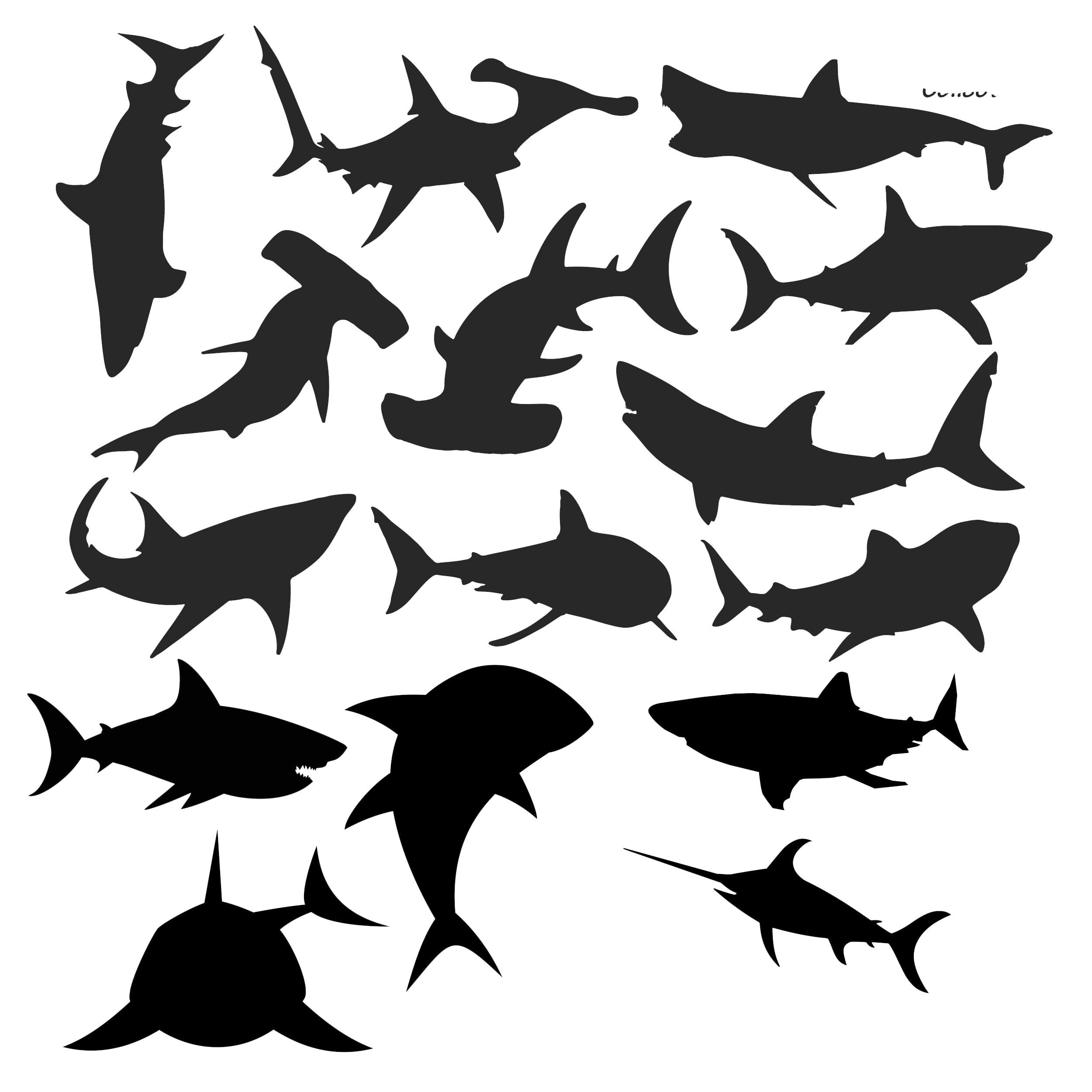 15 x Cute Shark Silhouette Waterproof Sticker Pack - Use on Car's, Laptops, Mirrors, Water Bottles, Scrapbooking, Fun Kids Gifts (13cm (5.1") Tall)