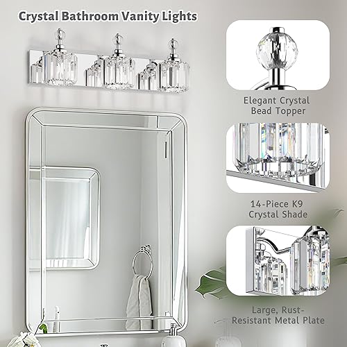 Miniatura 5 de Modernas luces de cristal para tocador de baño, 3 luces de baño sobre espejo, 42 piezas de lámina de cristal, luces cromadas para tocador de baño