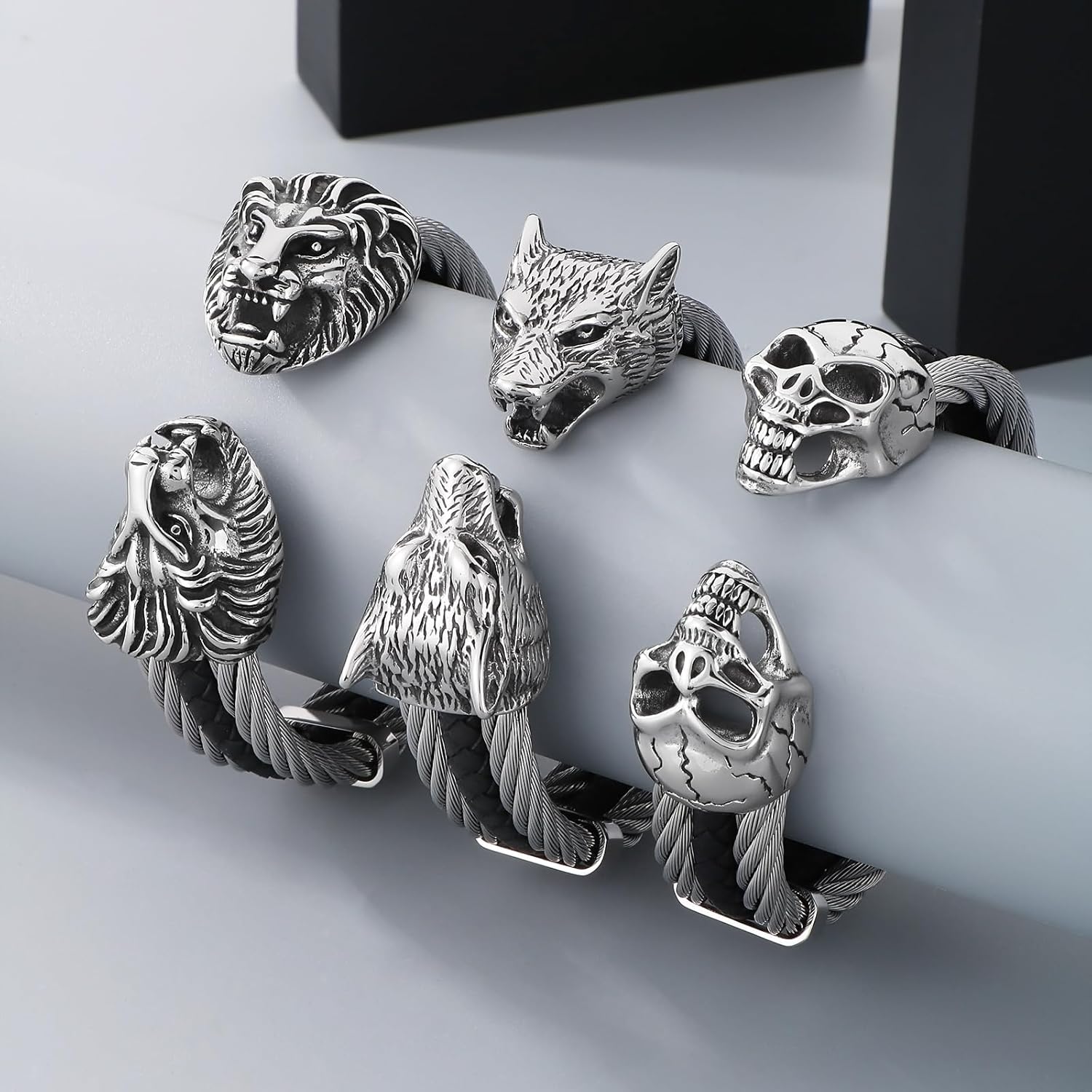 Men's Silver Gold Bracelet Viking Lion Head 316 Stainless Steel Leather Open Cuff Leather and Rope Chain Gothic Vintage Animal Totem Bangle - Image 8