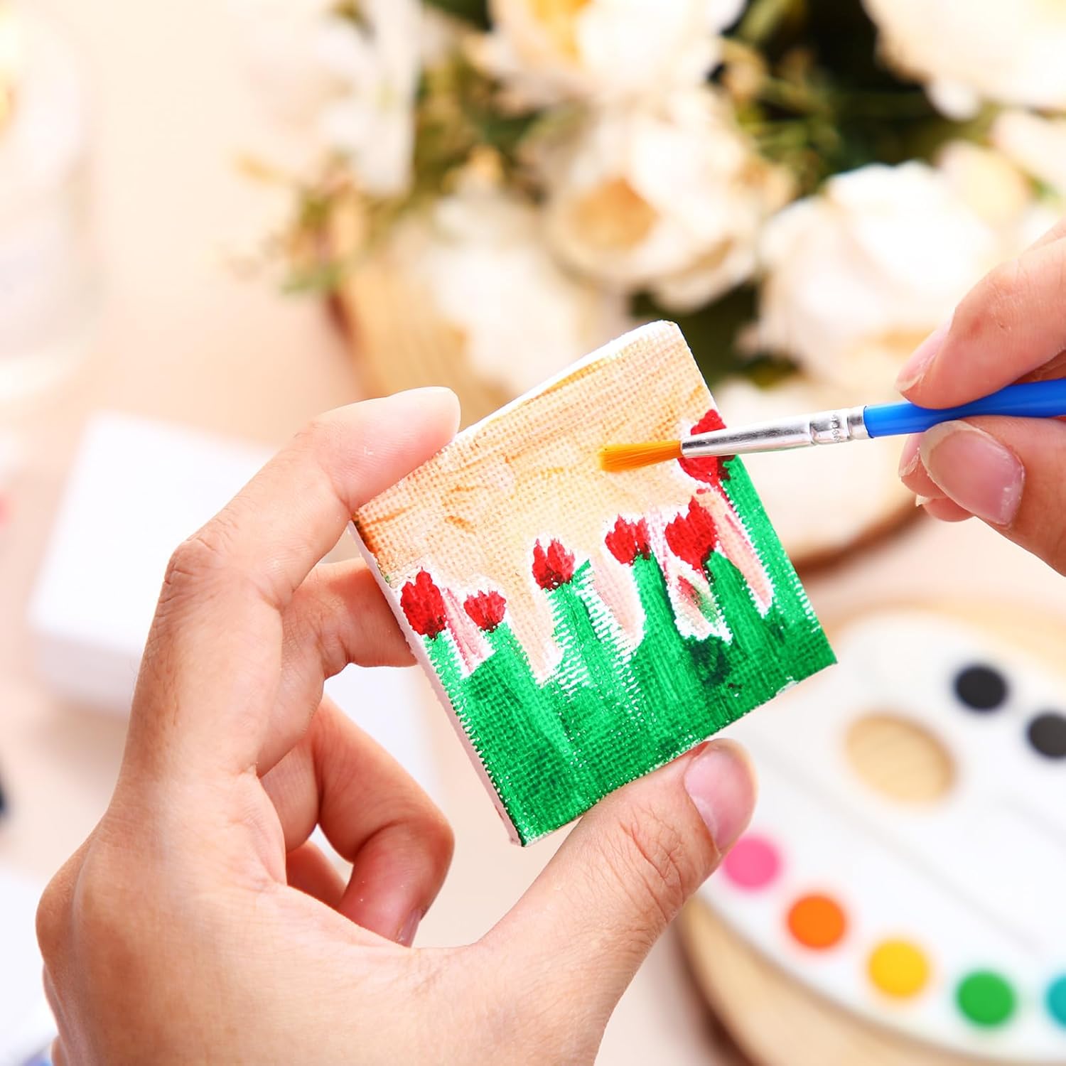 Maitys 100 Pcs 2 x 2 Inch Mini Canvas Panels Bulk Small Stretched Canvas Blank Square Boards for Painting Teenagers Art Kids Craft Oil Acrylics