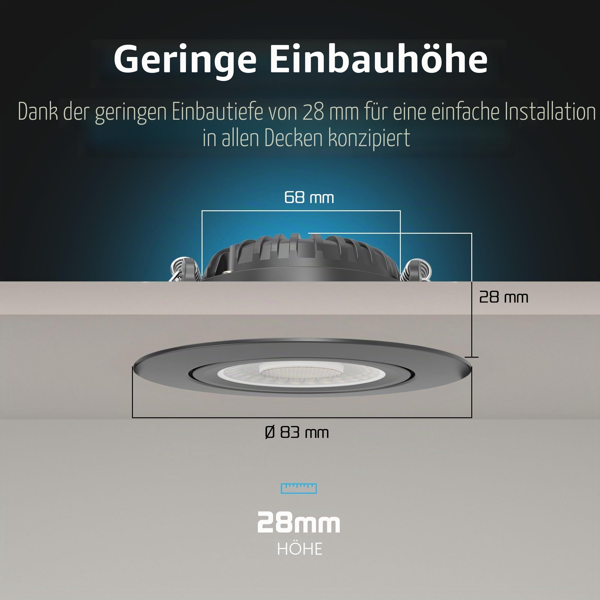 Ledvion - 6x LED Einbaustrahler, 230V, Schwarz, dim to warm, IP65, wasserdicht, 5W/7W, COB, Downlight, Deckenstrahler, Bad, Küche, warmweiß, Tageslicht, Halogenersatz, Stimmungslicht, kompakt