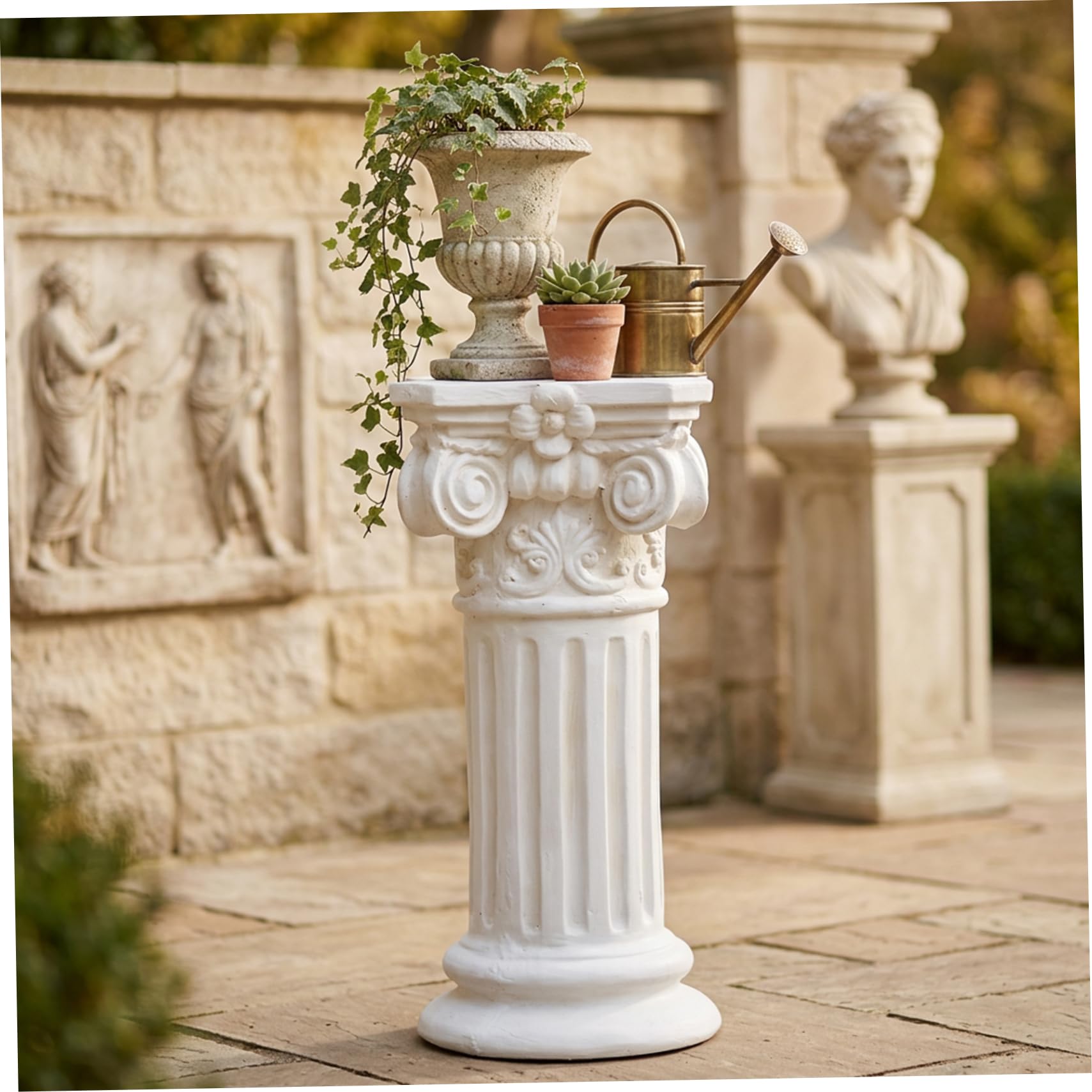 Piedistallo a colonna romana, elegante base in resina bianca per statue da giardino e decorazioni per la casa, altezza 40 cm