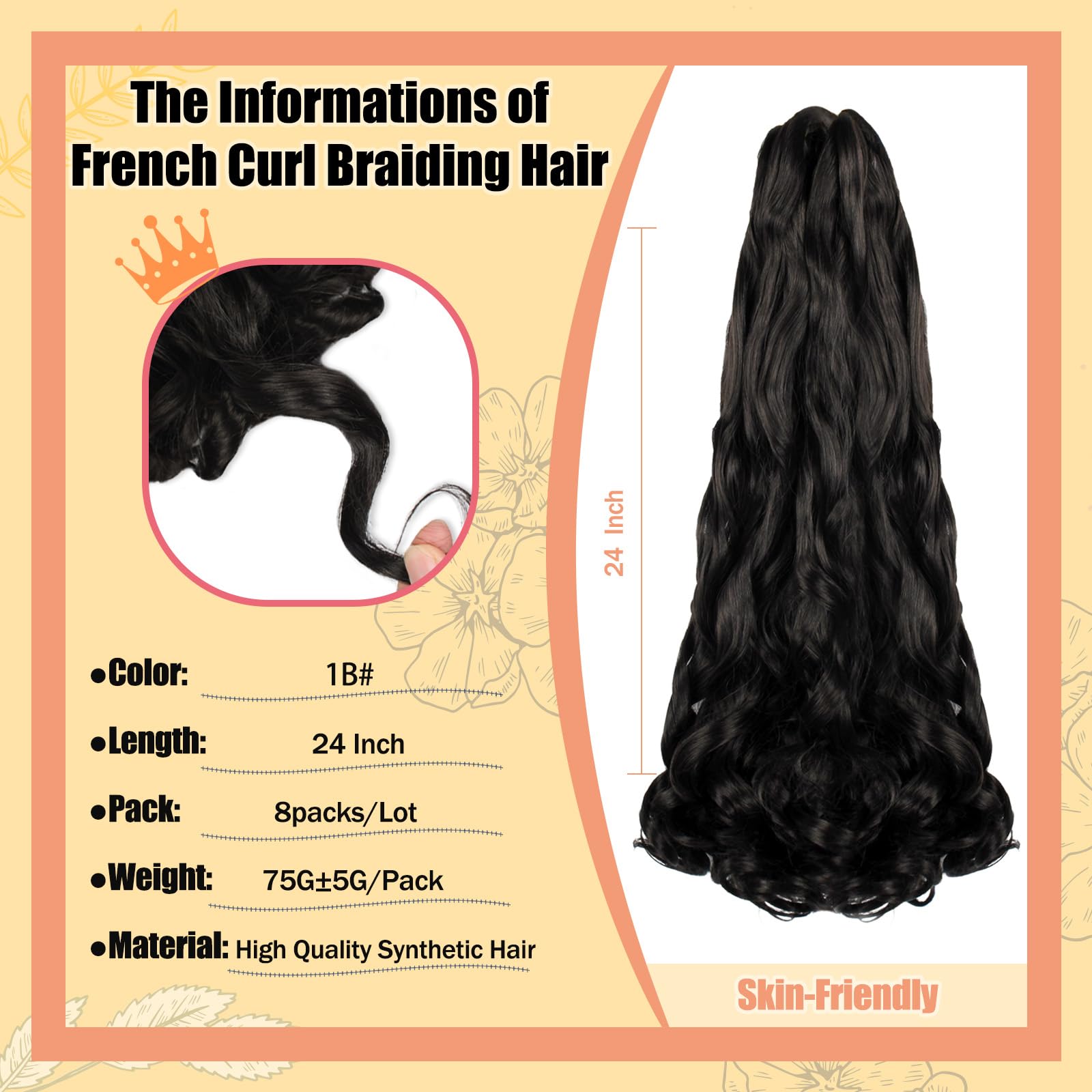 Enbeautiful French Curl Braiding Hair 24 Inch 8 Packs Pre Stretched French Curly Braids Loose Wavy Synthetic Curls Crochet Hair for Women with Curly Ends (24Inch,1B,8Packs)