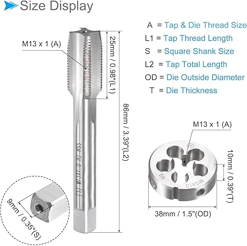 Miniatura 2 de Juego de roscas y troqueles, rosca M13 x 1, rosca métrica de acero de alta velocidad y kit de herramientas de troquelado redondo (aplicaciones para