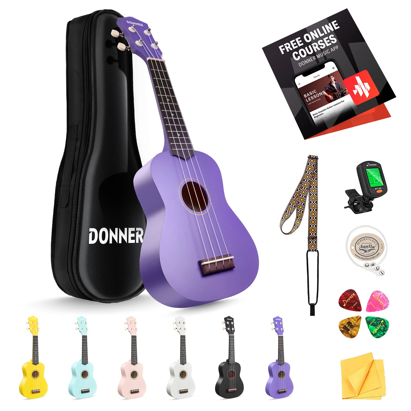 Donner Soprano Ukulele for Beginner Ukelele with Free Online Lesson Bag Strap String Tuner Pick Cloth, DMU-01 21 Inch Matte ukalalee Bundle Kit Macaron Series-Purple