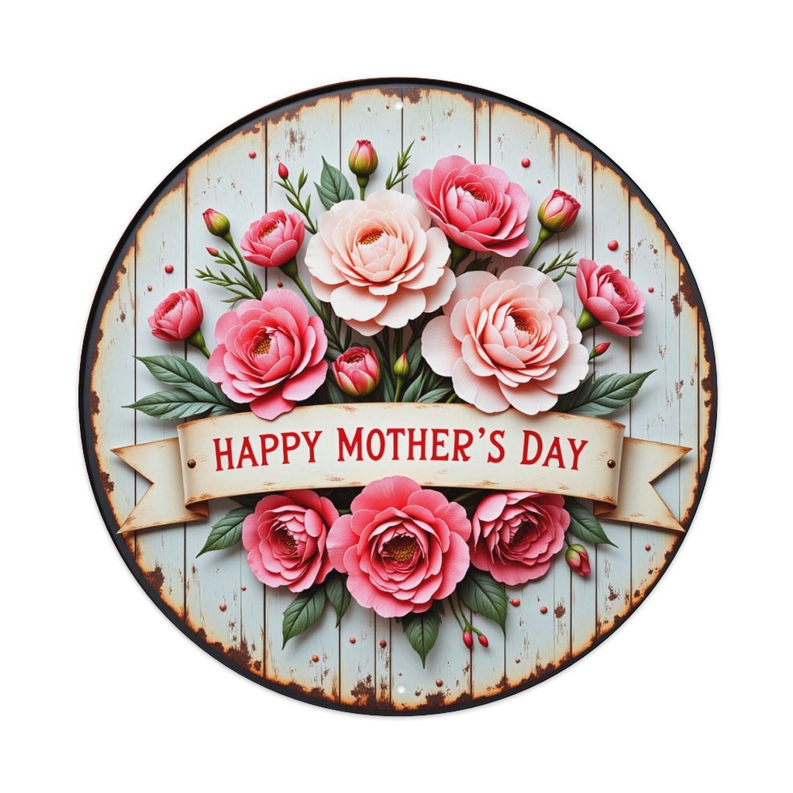 Floral Mother's Day Ribbon Roses Round Tin Sign Vintage Metal Poster, Home Bar Garage Man Cave Cafe Indoor & Outdoor Wall Decoration 8x8Inches