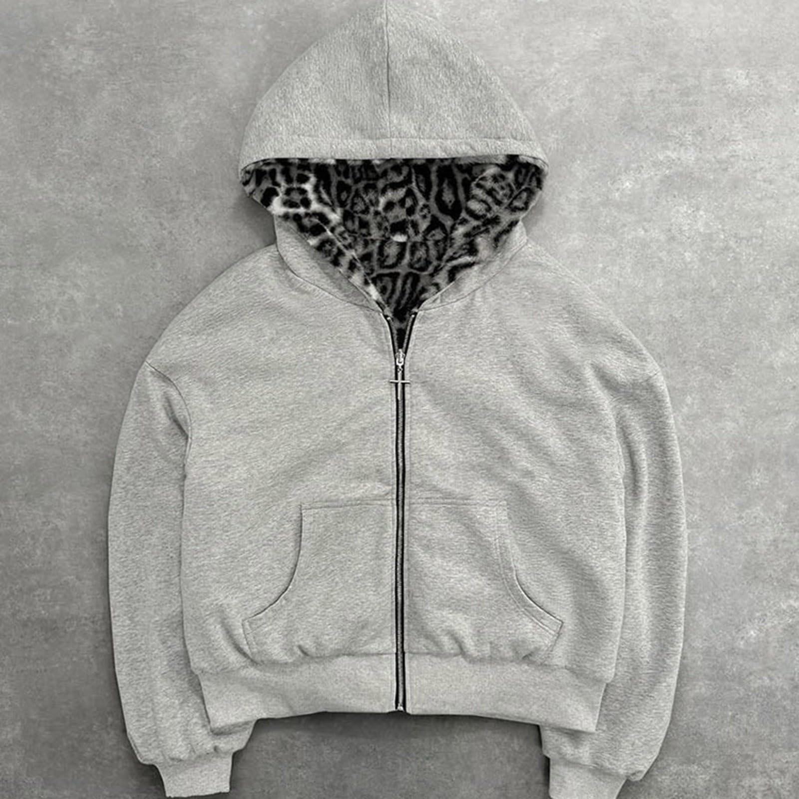 Sudadera reversible con cremallera y forro polar, cálida e informal, con cuello redondo y estampado de leopardo, para invierno, cuello alto, de algodón, fácil de lavar, con bolsillo lateral y térmica