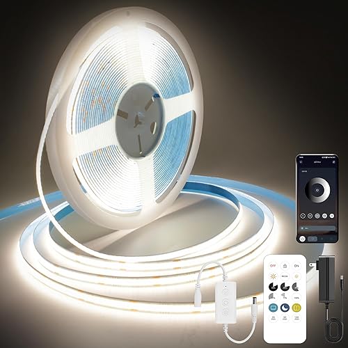 Miniatura 13 de COB - Tira de luces LED de color blanco cálido, kit de tira de luz LED regulable de 24 V con control remoto y aplicación, 3000 K 32.8 pies/6.6 x