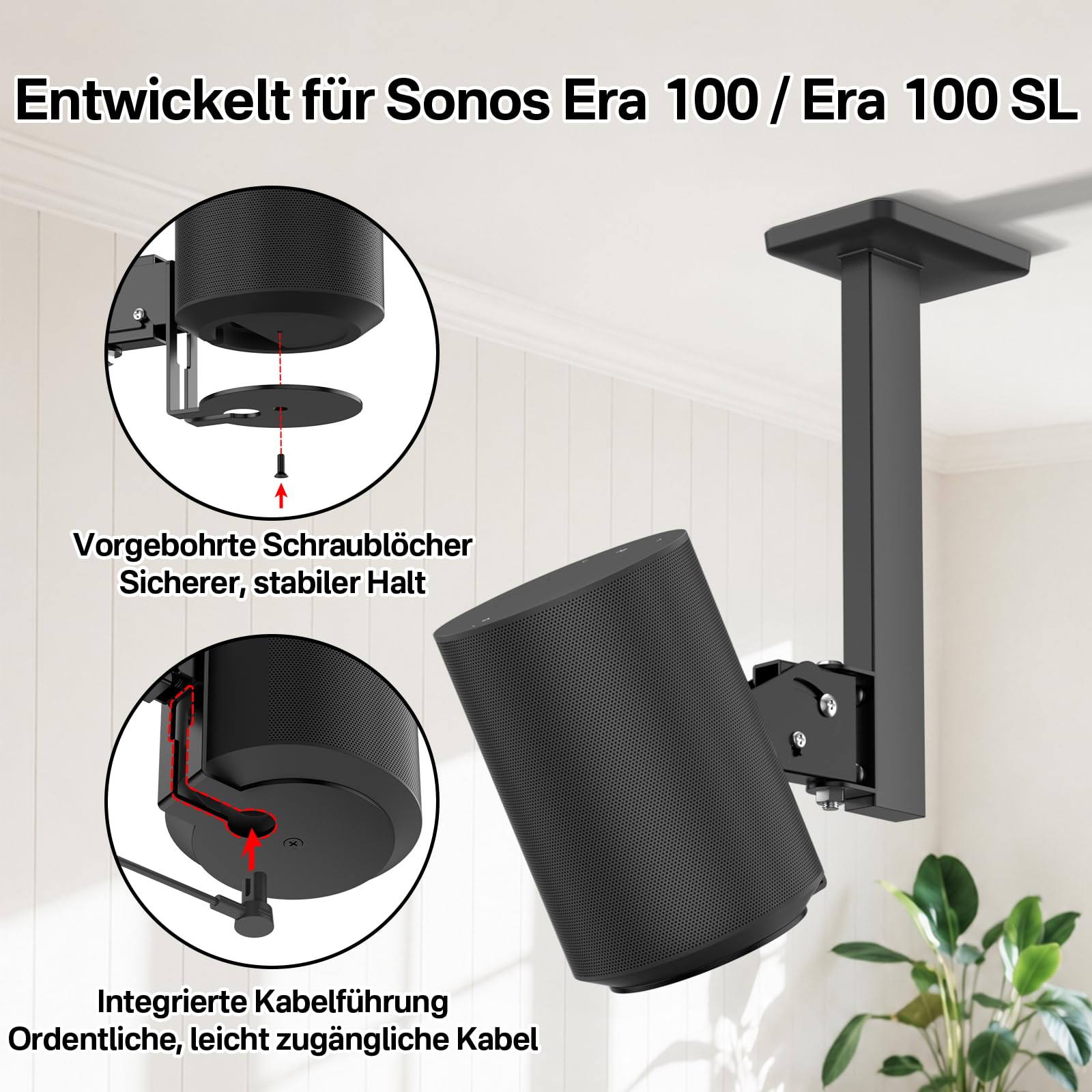 Supporto da soffitto per altoparlanti Sonos Era 100 / Era 100 SL - Inclinazione regolabile +15°/-30° e orientabile ±90° per Sonos Era 100 Staffa di supporto da soffitto per un suono migliorato