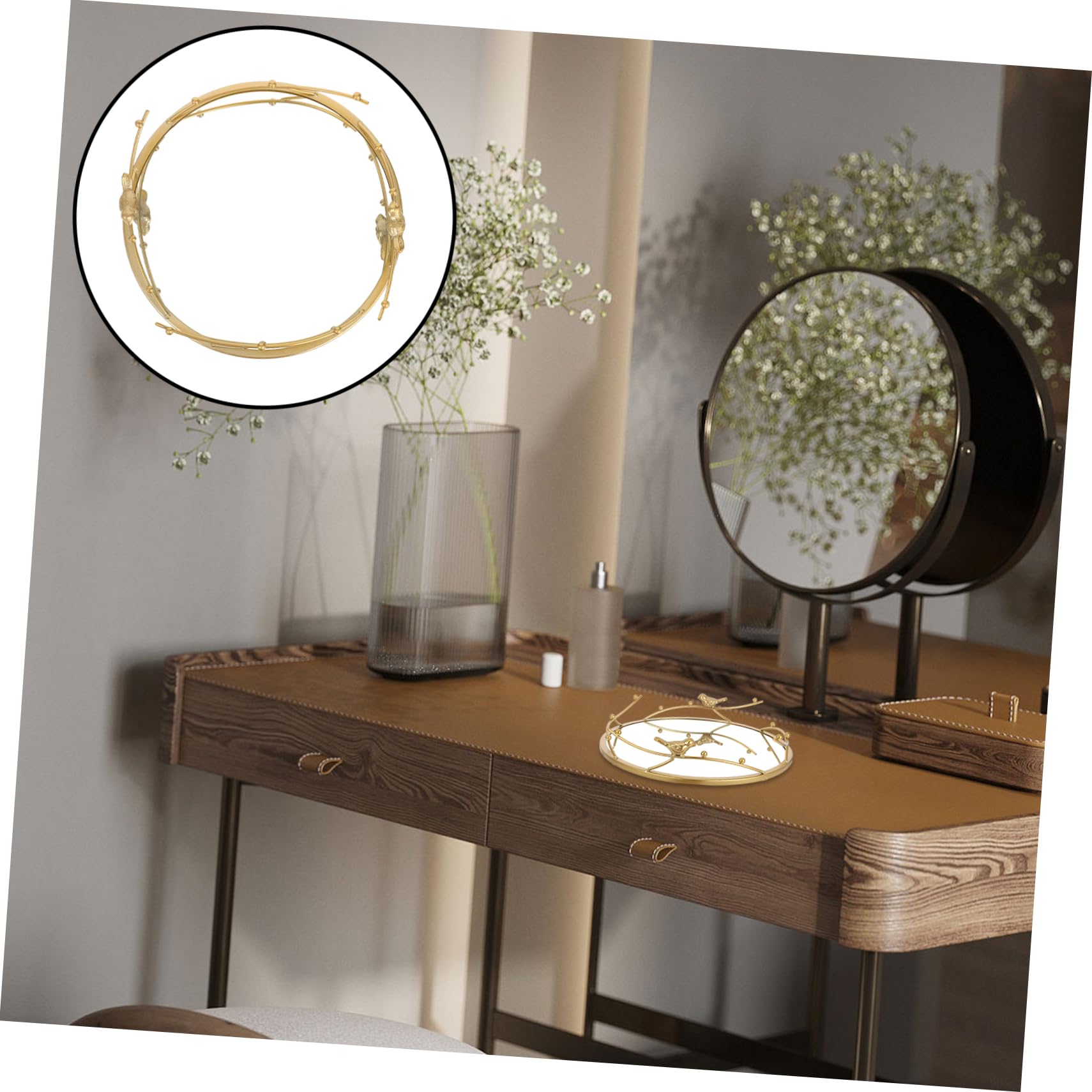 Elegant Round Gold Mirror Tray for Jewelry Perfume and Cosmetics Storage Home Decor