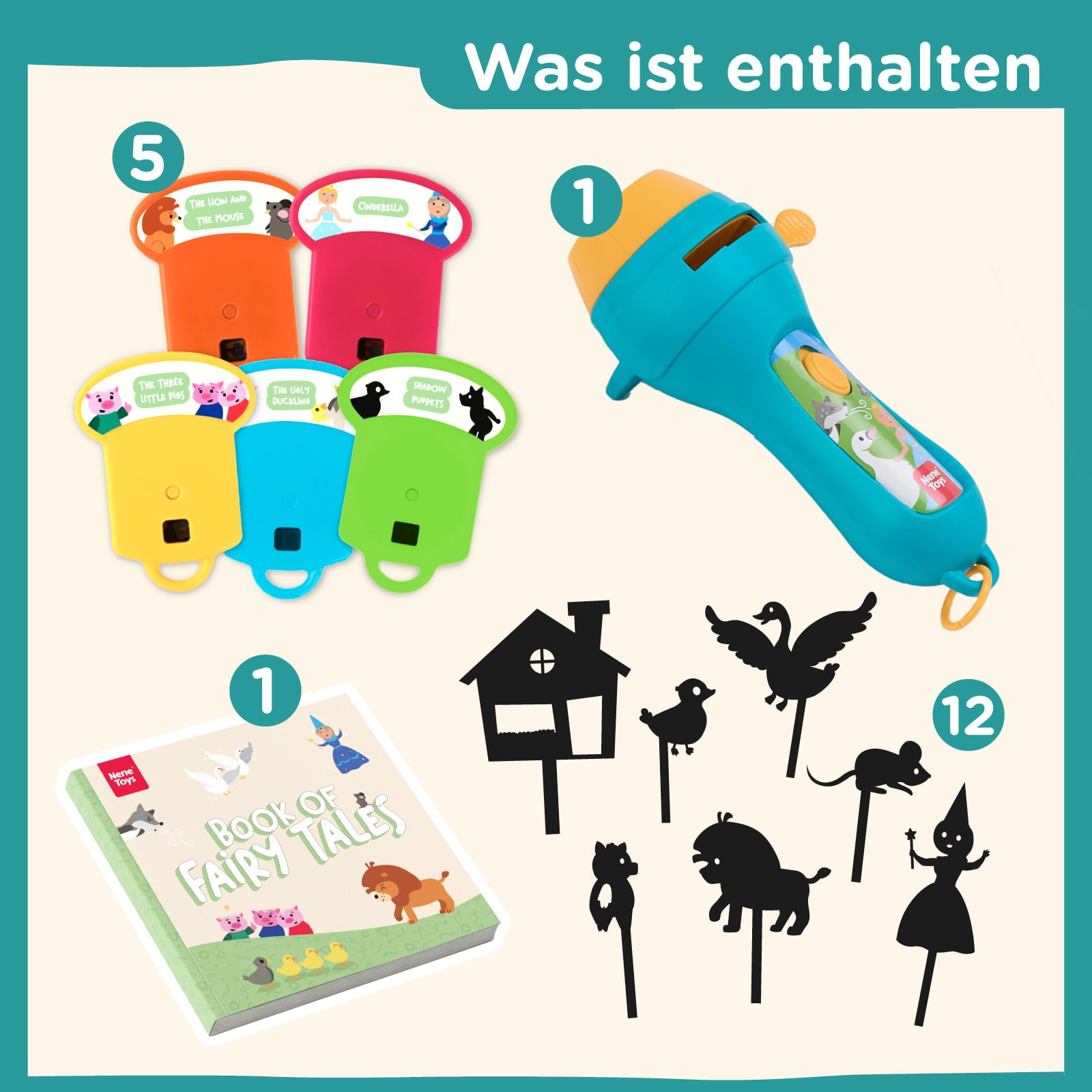 Nene Toys Interaktives Märchenbuch mit Projektor-Taschenlampe & Schattentheater für Kinder ab 3 Jahren – 4 Klassische Geschichten in 5 Sprachen, Gute-Nacht-Geschichten-Set
