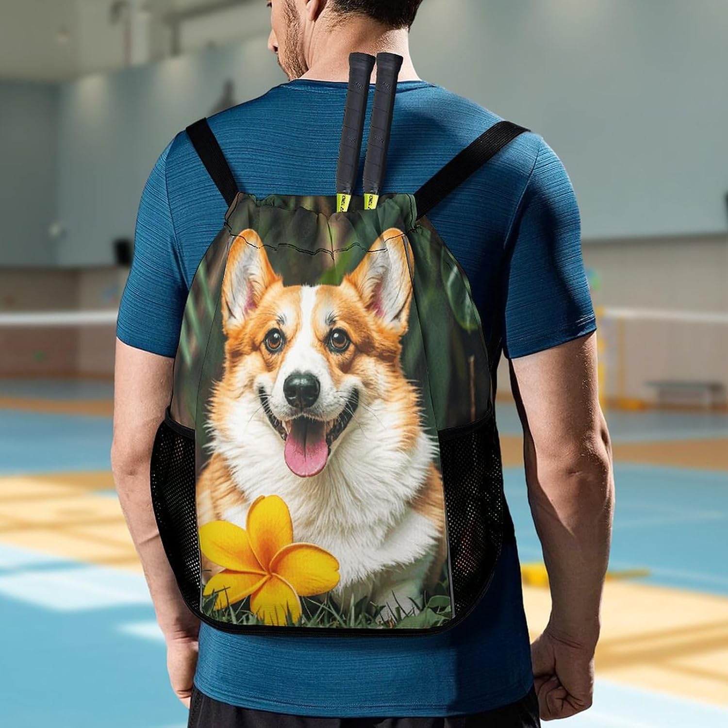 Fitness Drawstring Backpack Waterproof Gym Bag Tropical Flower And Corgi Lightweight Dry And Wet Separation Swim Bag