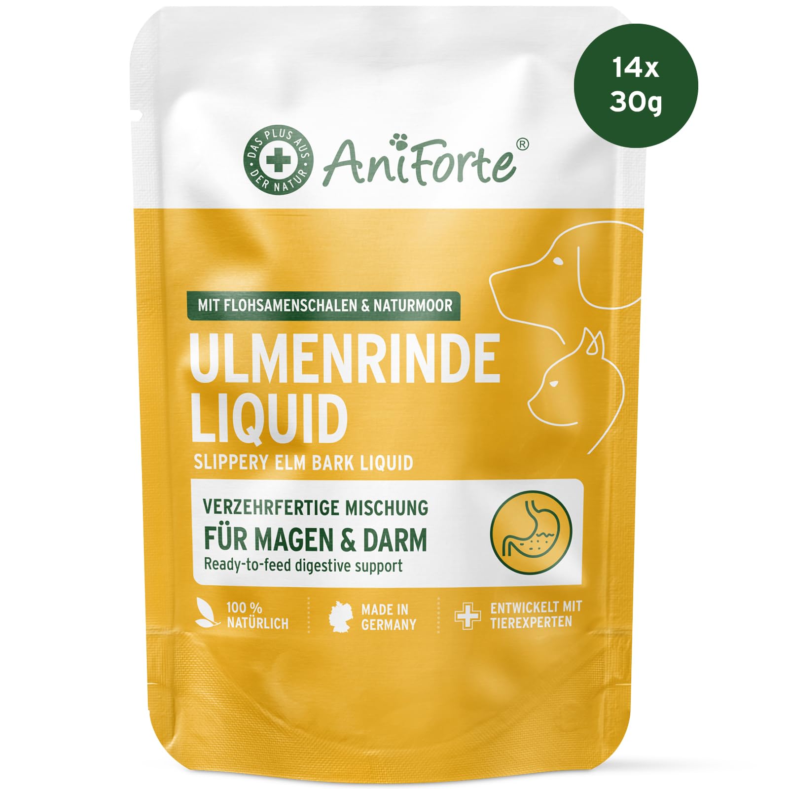 AniForte Ulmenrinde Liquid Hunde & Katzen 14x30g – Sofort verzehrfertig, kein Aufkochen, Magen-Darm-Kur, bei Sodbrennen & Durchfall, Verdauung stärken, mit Flohsamen Heilmoor & Slippery Elm