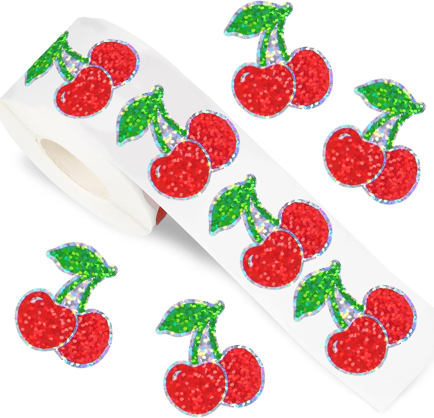 FYSUIMU 500Pcs Holographic Cherry Stickers Roll Red Fruit Sparkly Paper Decals 1.5 Inch Cherry on Top Adhesive Sticker Labels for Planner Reward Envelope Scrapbook DIY Supplies
