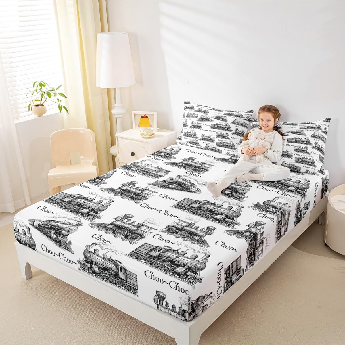 Vintage Fitted Sheet Full Size, Steam Locomotive Bedding Set 3Pcs for Kids Boys Girls Teens Bedroom Decor, Old Train Tracks Quilt Set Sketch Black White Deep Pocket Sheet, 2 Pillowcases