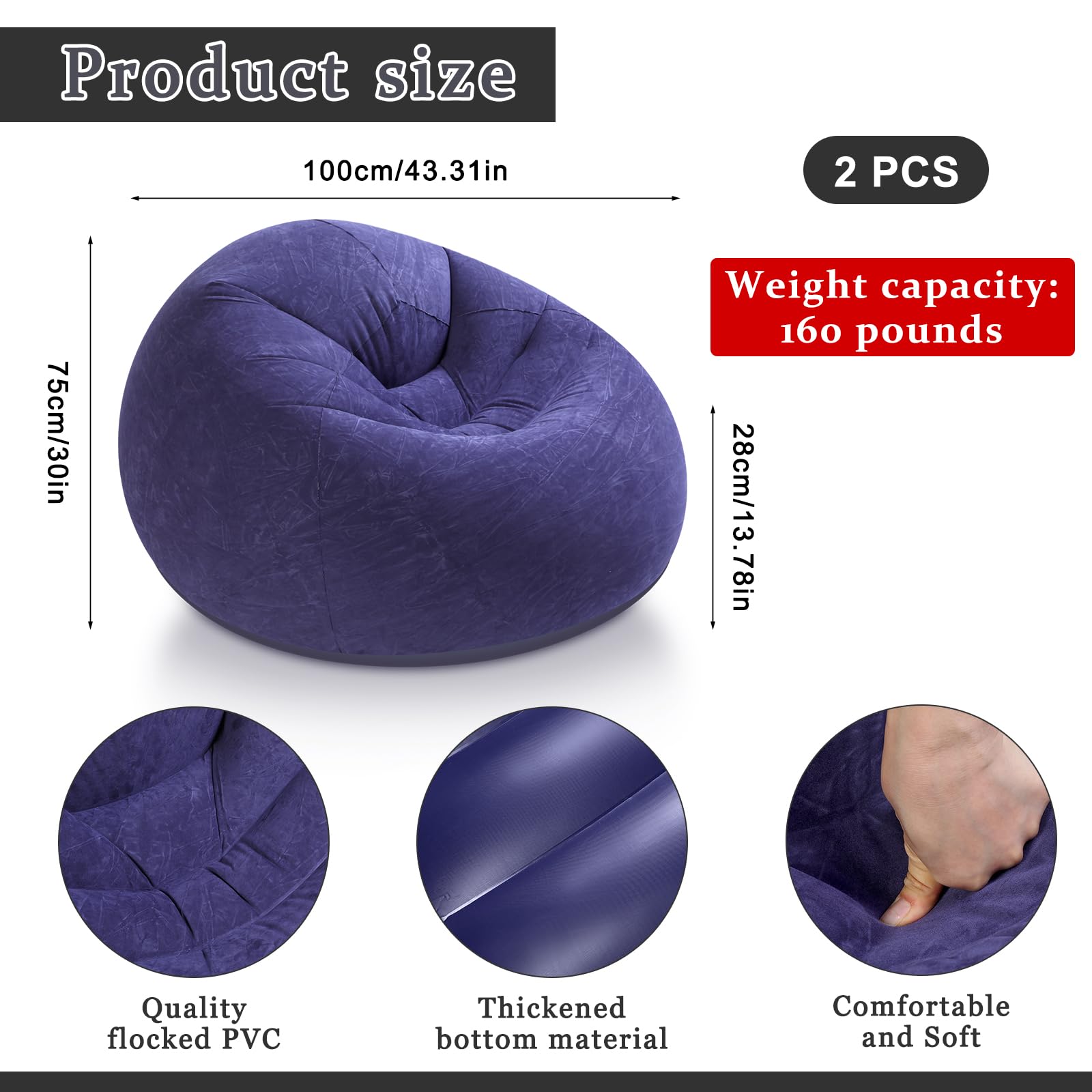 Inflatable Bean Bag Chair for Adults Blow up Lazy Sofa Lounge Folding Portable Movie Night Chair for Reading Room Bedroom Living Room Camping(Blue,2 Pcs)