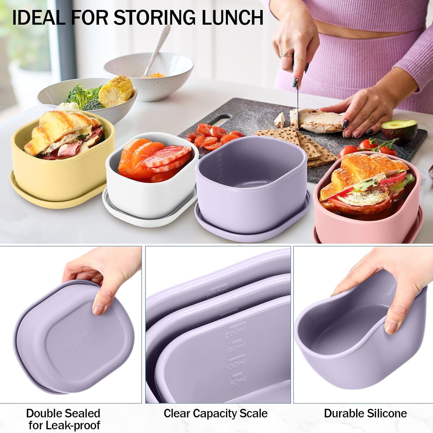 12 Pcs Silicone Food Storage Containers with Lids Reusable Silicone Snack Container 3 Size Lunch Box Bento with Lids Freezer Dishwasher Safe,6.7oz, 10oz, 20oz (Macaroon Color)