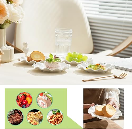 Miniatura 4 de TAMAYKIM 18 platos de postre de porcelana de 6 pulgadas, platos pequeños para aperitivos, juegos de vajilla con borde ondulado, aptos para