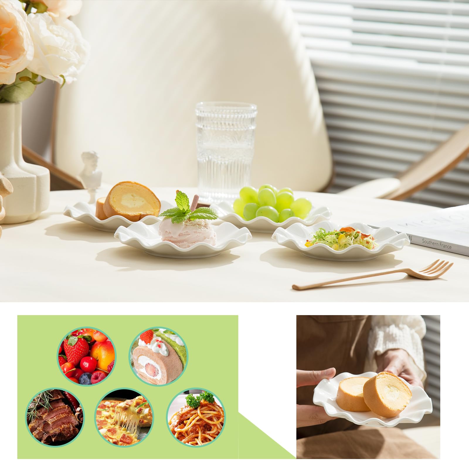 Lot de 18 assiettes en porcelaine de 15,2 cm, petites assiettes à dessert, assiettes à apéritif, service de vaisselle ondulée, passent au micro-ondes, au four et au lave-vaisselle, blanc