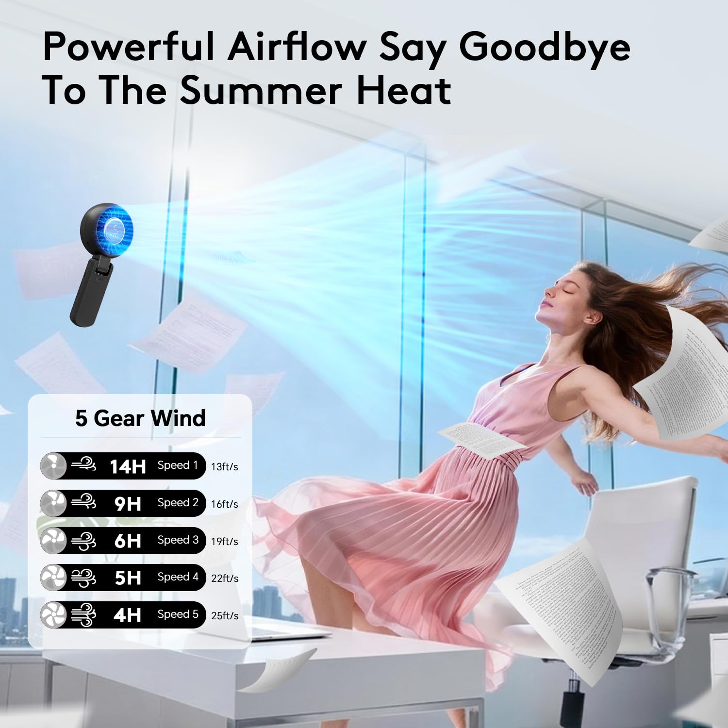 ZOZOO Ventilatore portatile, ricaricabile tramite USB, pieghevole a 194°, 5 velocità, display a LED e motore ad alta potenza, ventilatore da tavolo 3 in 1, silenzioso, resistente, per viaggi