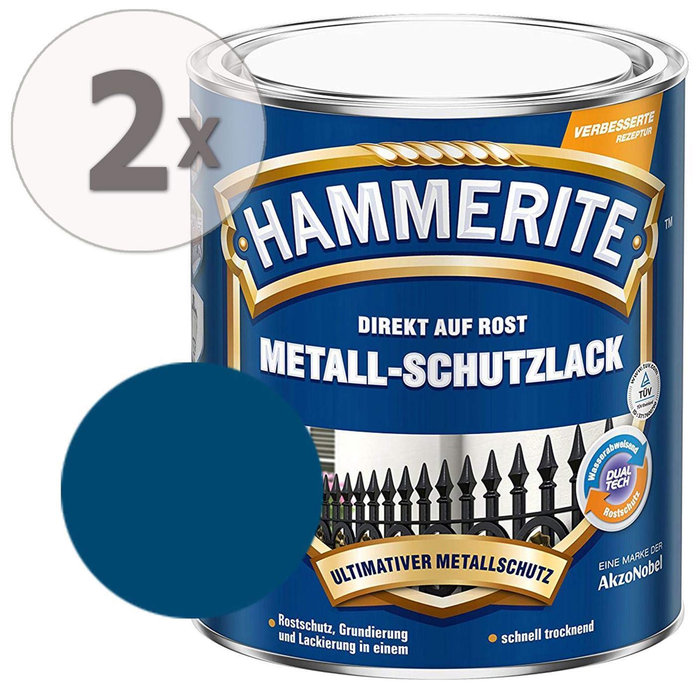 Hammerite Metall-Schutzlack glänzend Grundierung Rostschutz blau Sparpaket, 2 x 750ml