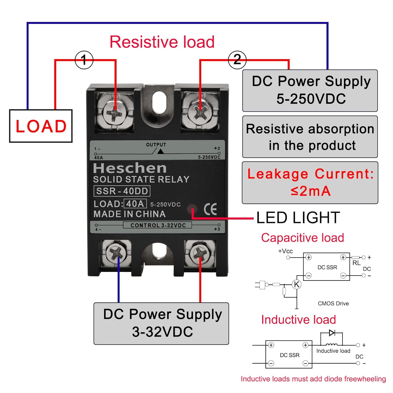 Heschen SSR-40DD Solid State Relay wiring diagram for resistive and inductive loads