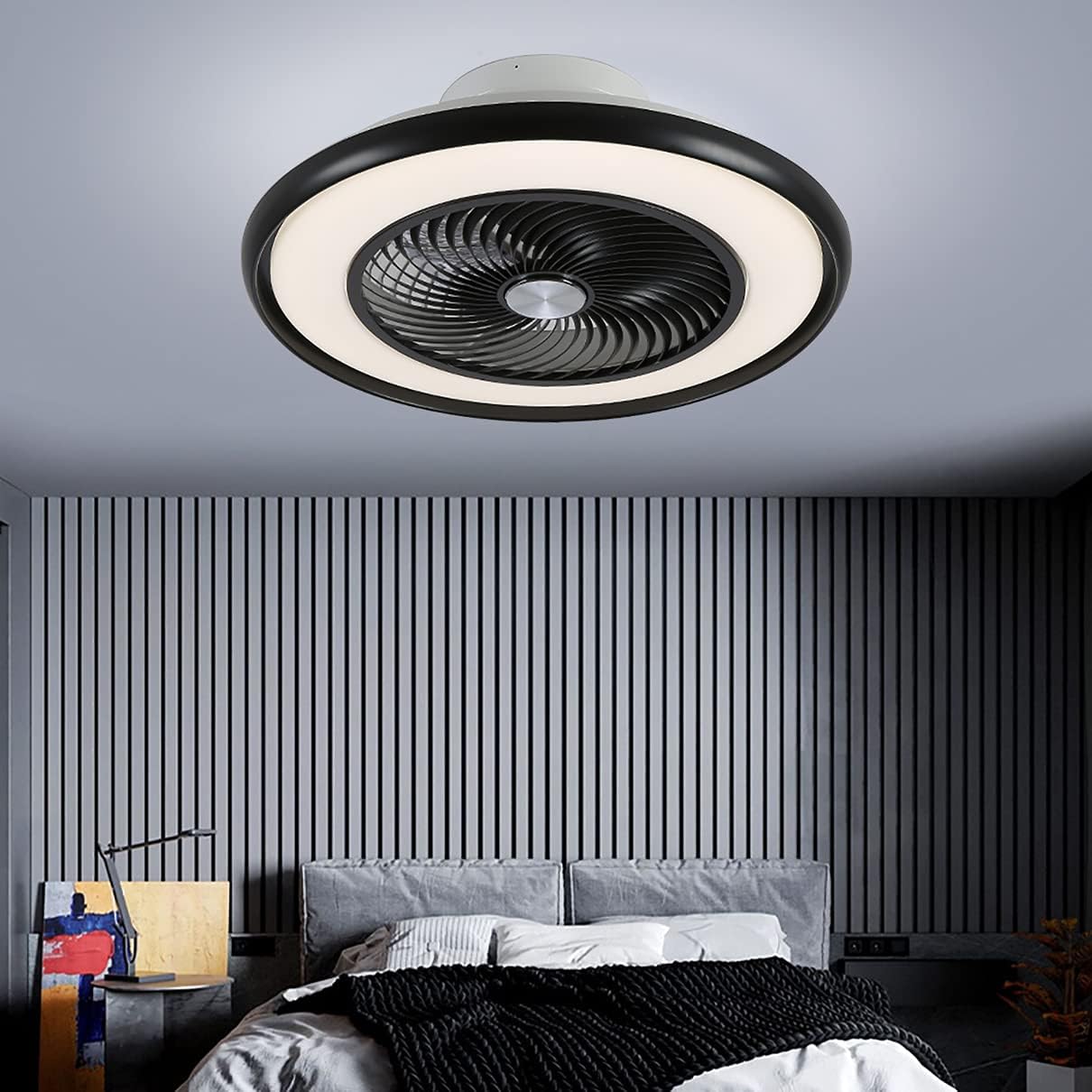 YUEGOO Bedroom Fan with Ceiling Light and Remote Control Mute Fan Lighting 3 Speeds Led Dimmable Ceiling Fan Light 72W Modern Living Room Quiet Fan Ceiling Light/Black