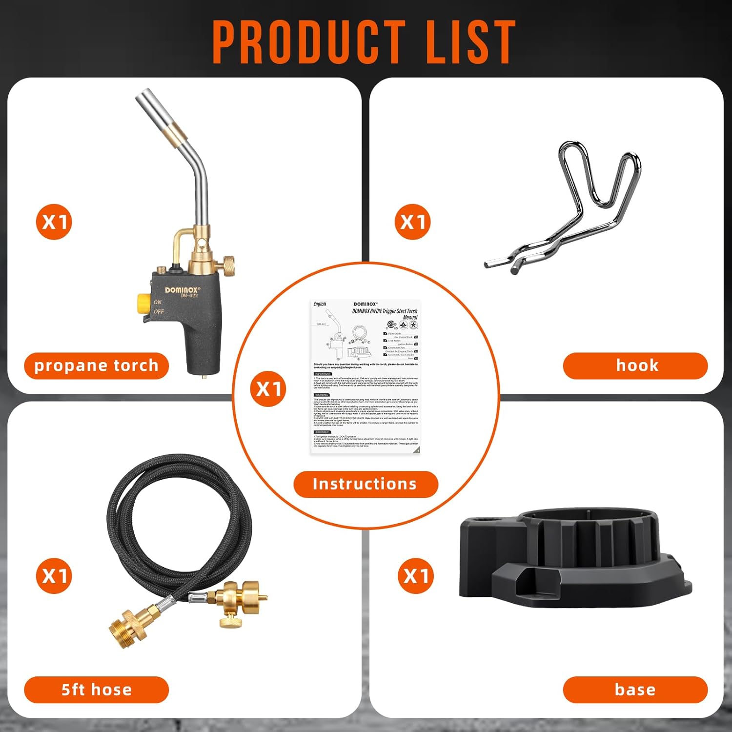 DOMINOX Propane Torch Head with 5FT Hose, Base and Cylinder Clip, Torch Head Trigger Start Gas Torch for Propane and Mapp, MAPP Gas Torch Kit for Soldering, Welding, Cooking (Not Included Gas Tank)