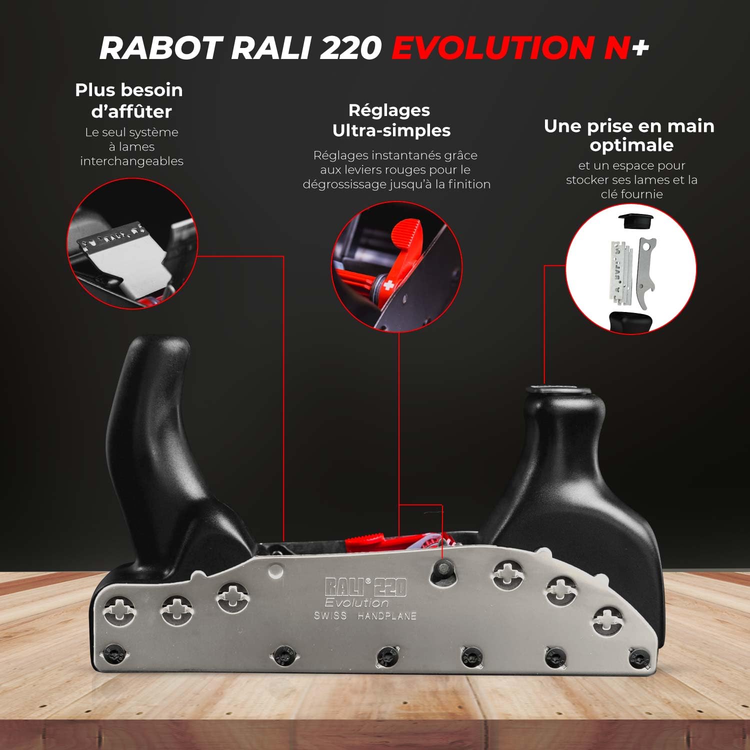 RALI 220 EVOLUTION N+: Cepilladora de mano sin afilado con 4 cuchillas reversibles y 4 ajustes rápidos: profundidad de corte, contrfianza, luz y paralelismo | Cepilladora profesional suiza para