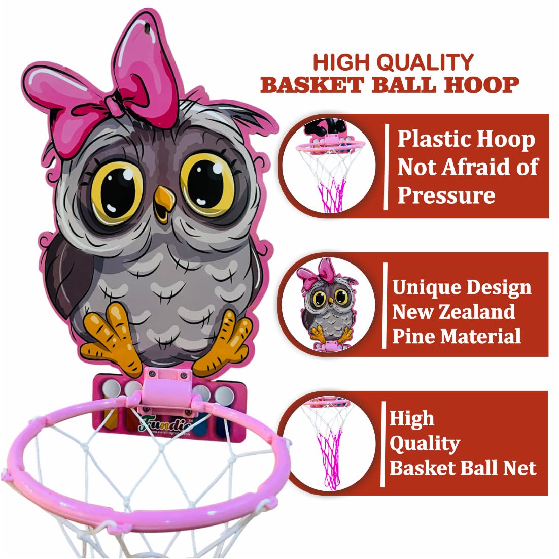 Kids Basketball Hoop with Cute Owl Design, Pink and Grey Mini Basketball Net, Wall-Mounted, Basketball Portable Set with Hanging Board, Ring Net for Indoor and Outdoor Games 4