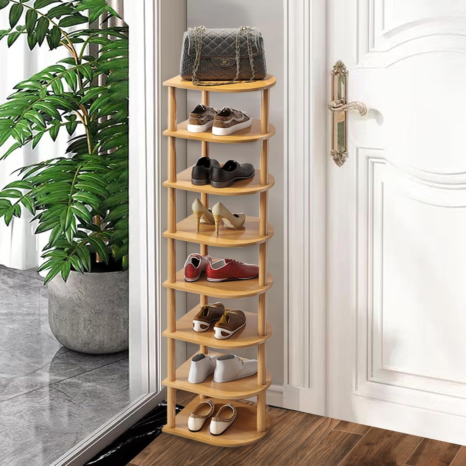 Wood Shoe Rack Narrow Shoe Rack 8 Tier ,Vertical Shoe Shelf for Small