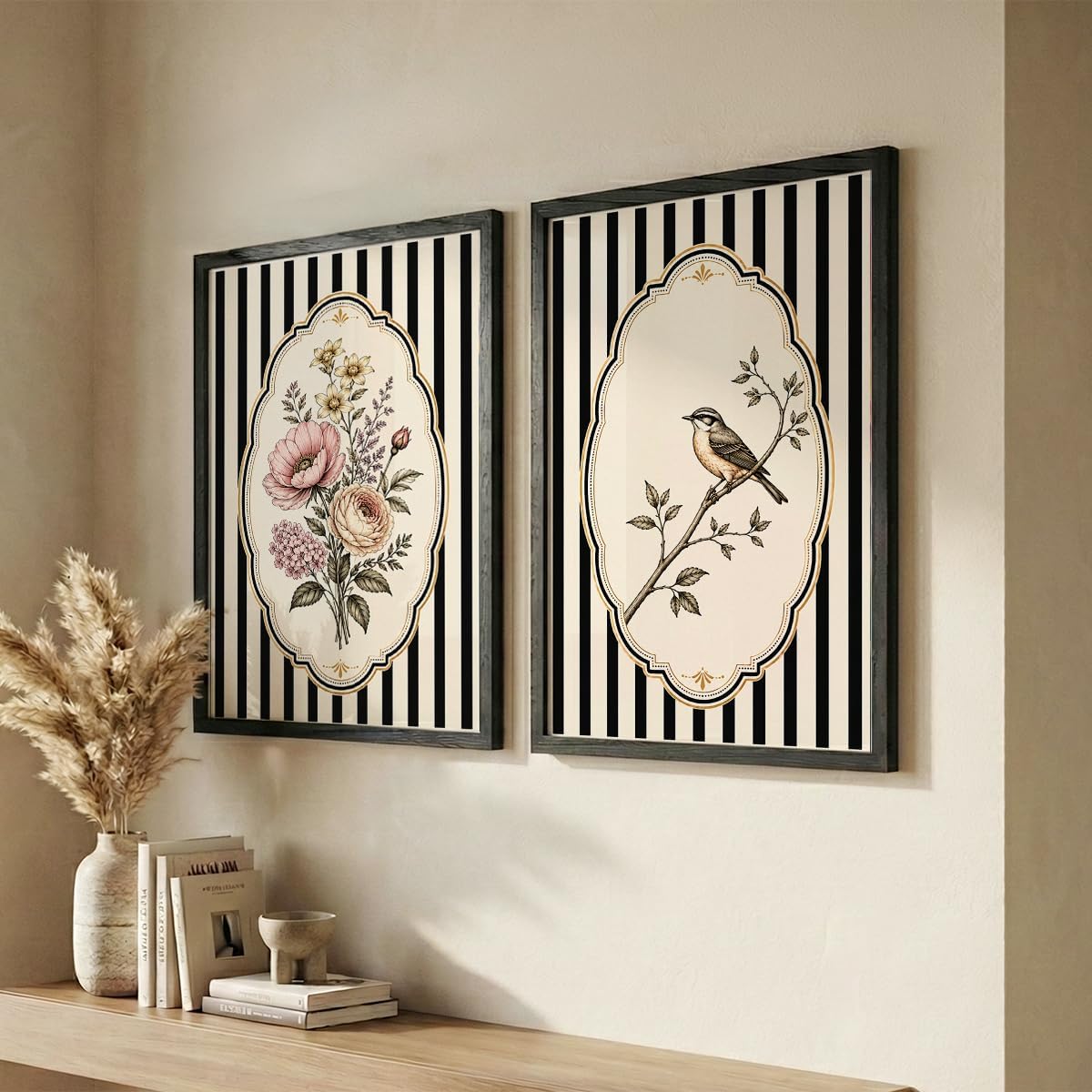 NoWorries Vintage Floral & Bird Wall Art Set of 2 Framed Prints for Living Room Bedroom Office | Black Stripe Botanical Wall Decor with Wooden Frame (Art-10, 13x19inch)-image-40