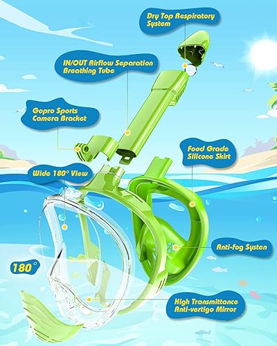 Vista 19 de QingSong Máscara de esnórquel para niños de cara completa, juego de esnórquel con soporte para cámara, plegable, vista panorámica de 180 grados