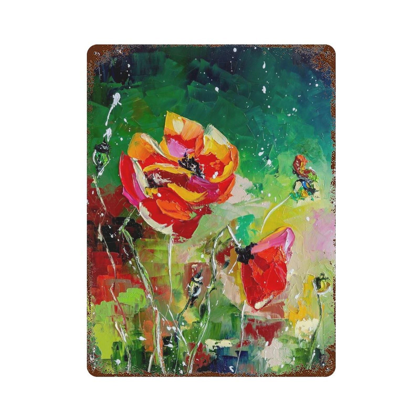 Red Poppies Distressed Metal Wall Sign 15.7"x11.8", Ideal for Patio, Garden Room And Bar Decor