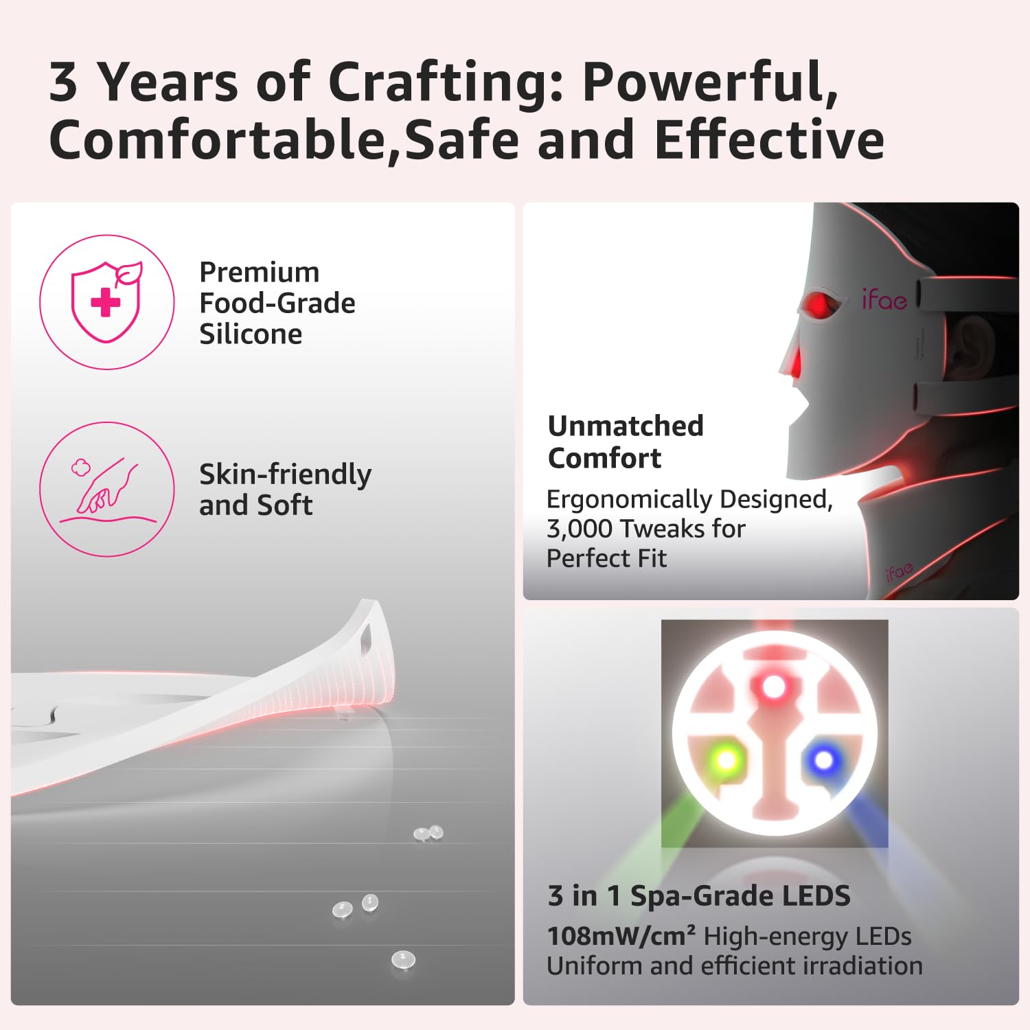 IFAE Red Light Therapy Mask for Face and Neck, 7 Colors with NIR Led Face Mask Light Therapy with Eye Protection and Remote, Rechargeable Ergonomic Design for True Anti-Aging Skincare at Home (White) image 3