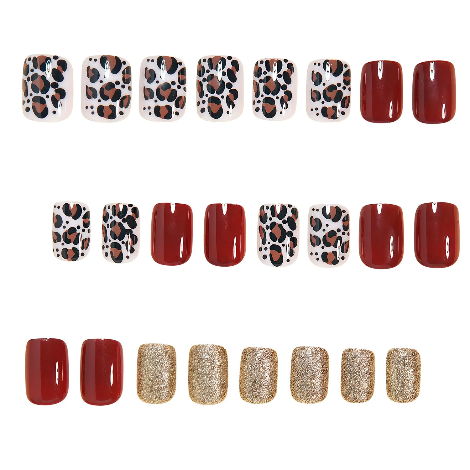 Wine Red Gradient Press On Nails With Gold Leaf And Heart Design_voghion.com