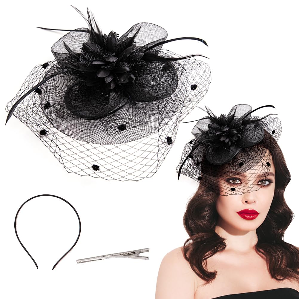 Cappello da donna fascinator per matrimonio, copricapo per capelli, con clip, velo, per feste, feste, chiese, cocktail club, bianco, Taglia unica