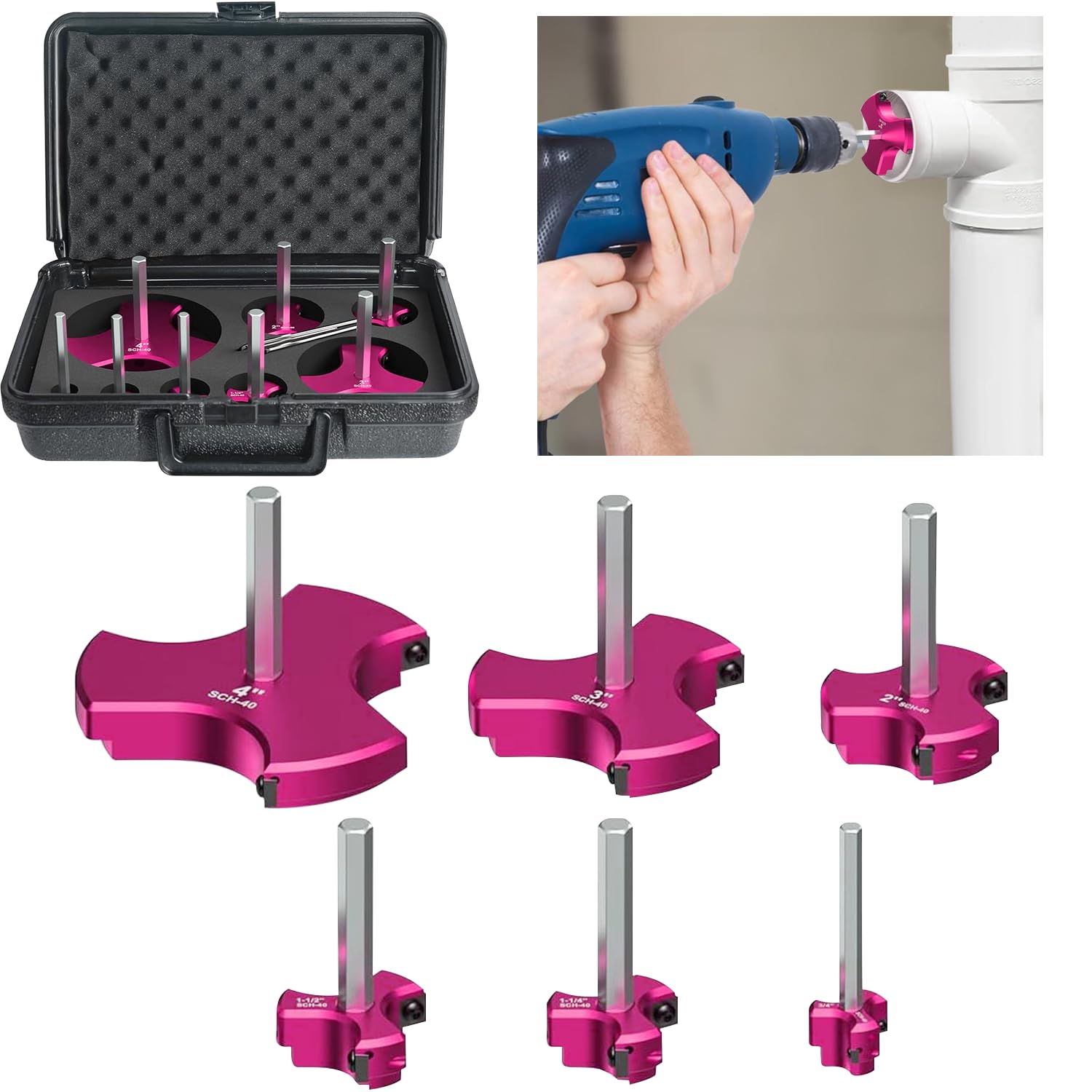 6Pcs Triple Blade PVC Pipe Reamer Kit 3 Blades Pipe Fitting Saver Tool for Plumbing with Triple Blade &amp; 1/4-Inch Hex Shaft for PVC SCH40 ABS CPVC (3/4", 1", 1-1/2", 2", 3", 4") Plastic Fitting Reamer