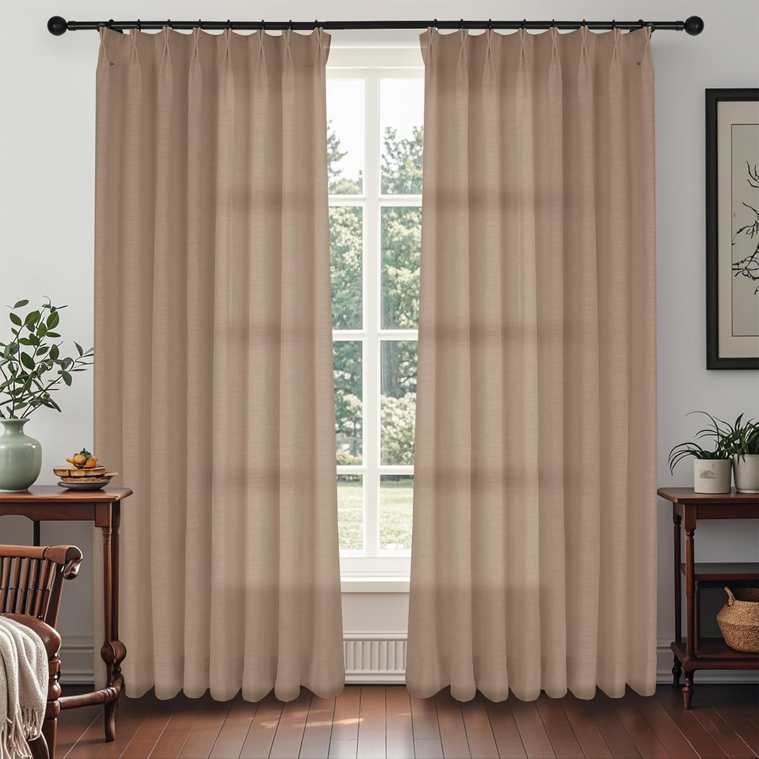 LUSTROWIN French Pinch Pleated Drapes 90 inch Length Unlined Light Filtering Natural Linen Curtain Drapery for Living Room Bedroom Window Patio Door (1 Panel, Rusty Brown, 52" W x 90" L)