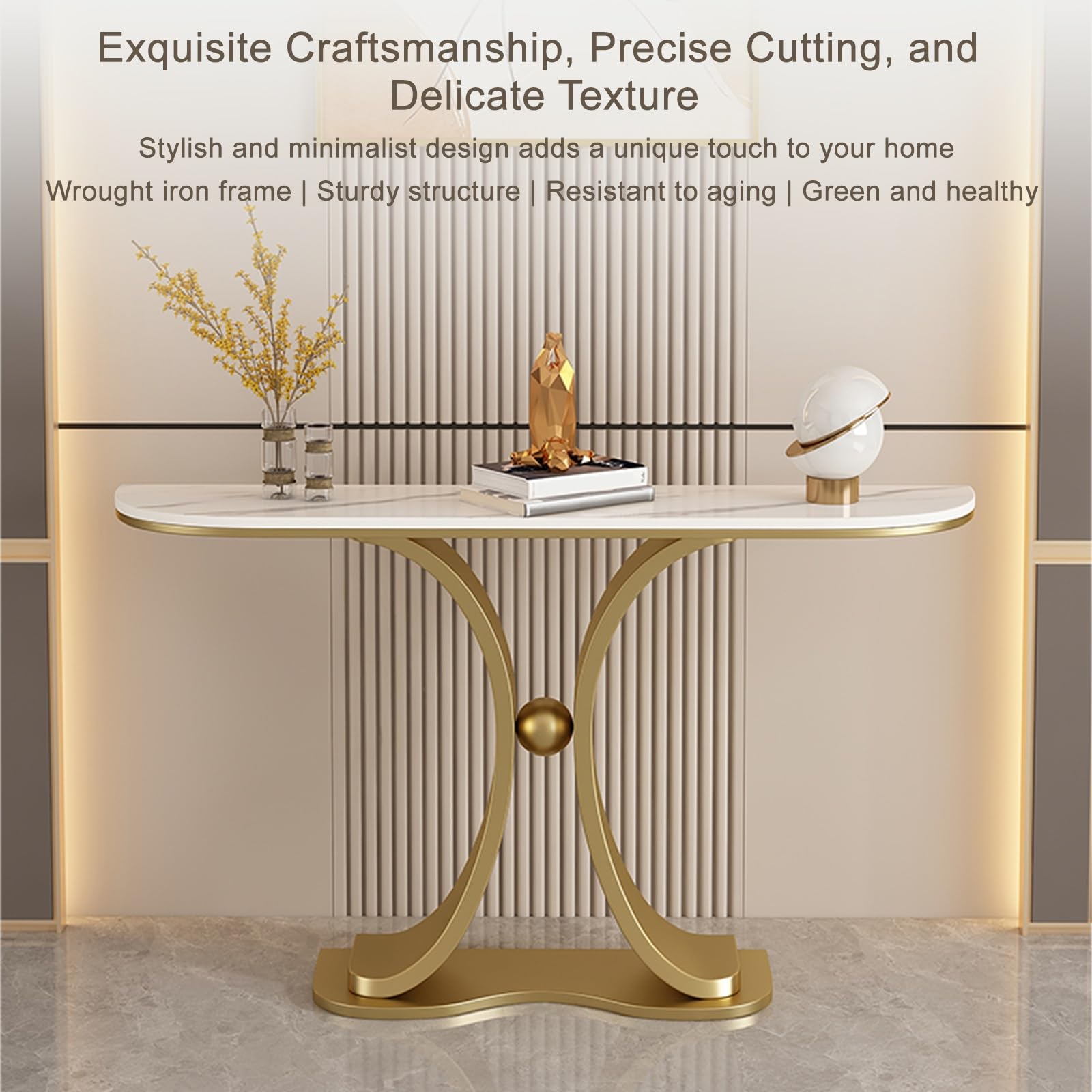 Elegante Mesa Consola Estrecha de Estilo Industrial de 150 cm (59") - Tablero de mármol y Base geométrica de Metal, Entrada, el recibidor, la Sala de Estar y la decoración m