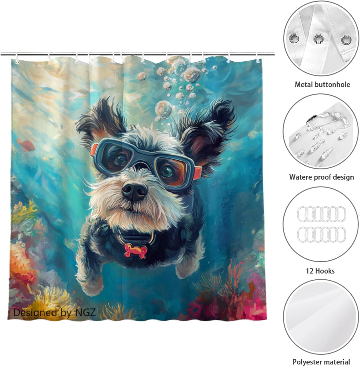 NGZ Blue Schnauzer Shower Curtain, Cute Animal Diving Painting Decorative Bath Curtain, 72 x 72 Inch Fabric Waterproof Bathroom Curtain with 12 Hooks