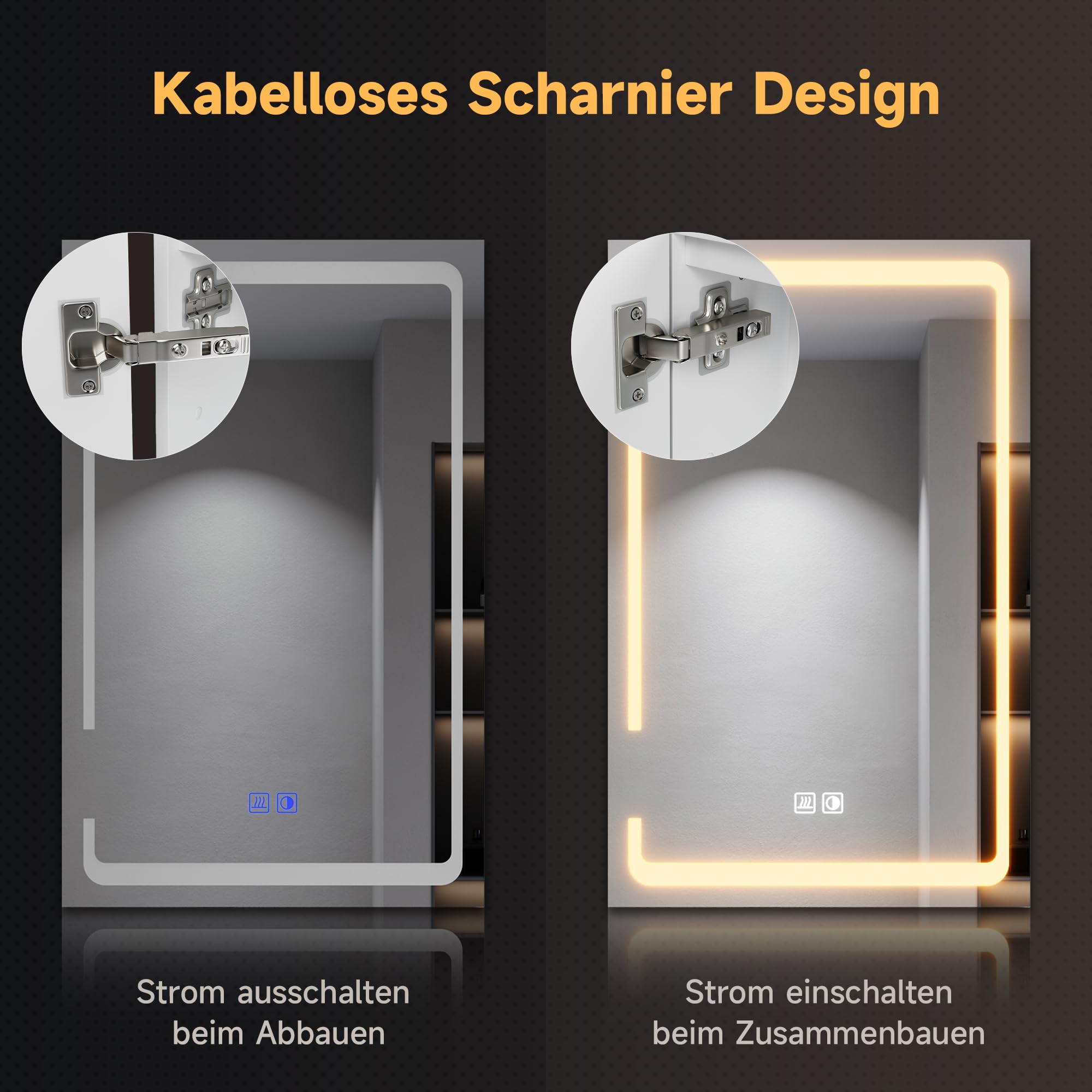 SONNI Szafka łazienkowa z lustrem LED, 60 x 38 cm, metalowa szafka z lustrem z dotykowym włącznikiem, 3 kolory światła + defogging, bezprzewodowy zawias, biała, łazienka, szafka medyczna