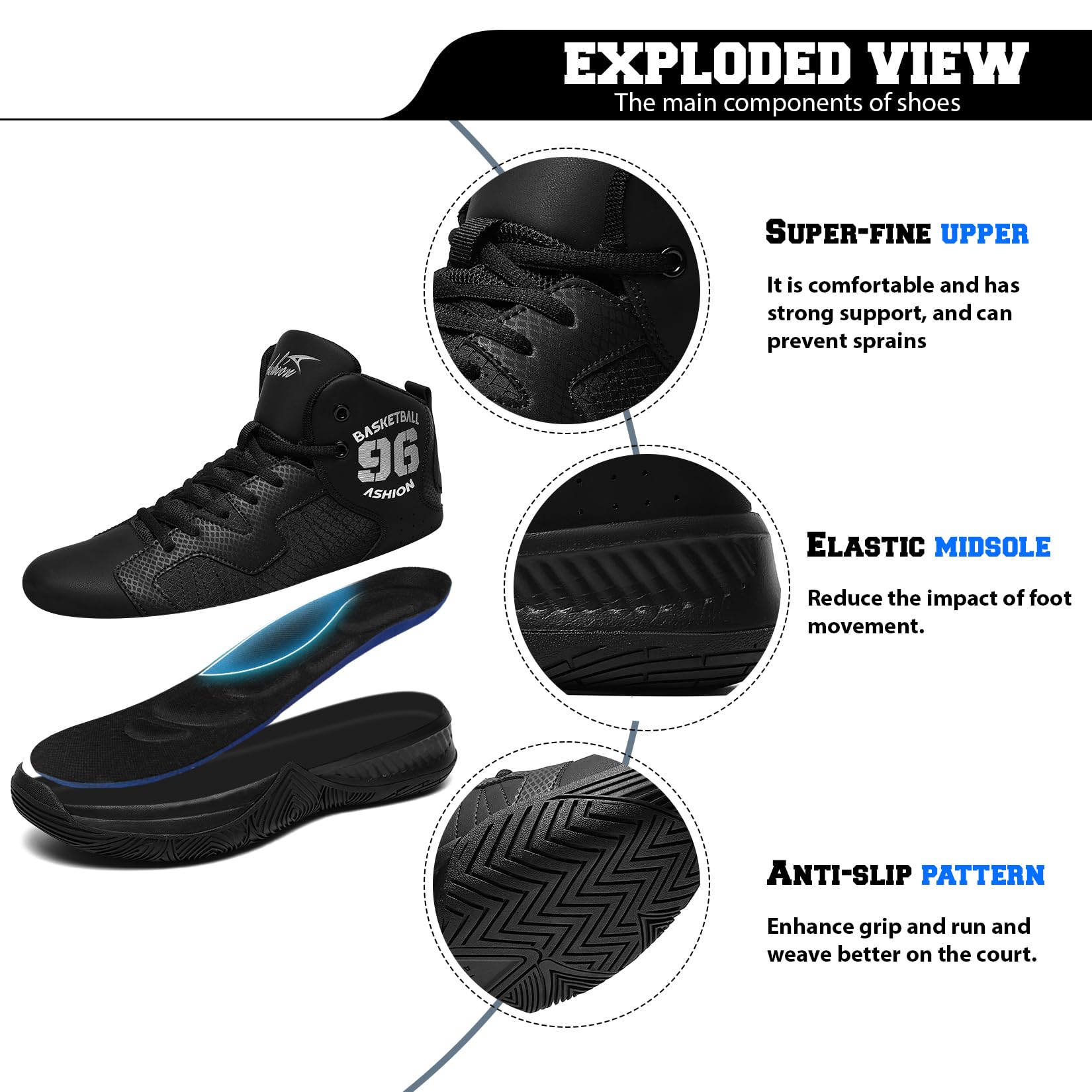 ASHION Mens Basketball Shoes High Top Streetball Lightweight Outdoor Sneakers Cushioning Shoes for Sport Athletic Black Size 10