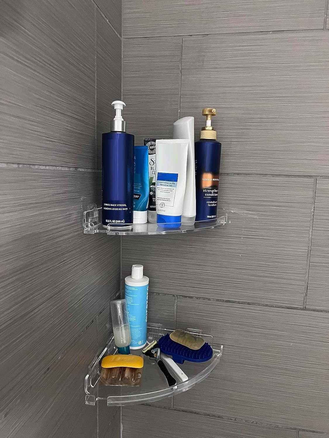 JiePai Acrylic Corner Shower Caddy Shelf with Hooks 2 Pack, Adhesive Wall Mounted Bathroom Shower Organizer for Inside Shower & Kitchen Storage, Space-Saving Design - Image 3