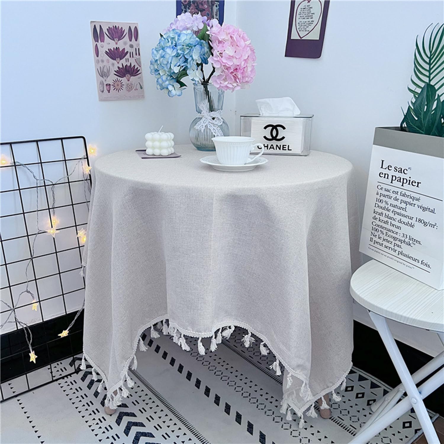 FOELANNE Embroidered Lace Tablecloth, Square Cotton Linen Tablecloth with Tassels, Washable, Multicolor, Multiple Sizes(Beige,140x140cm)