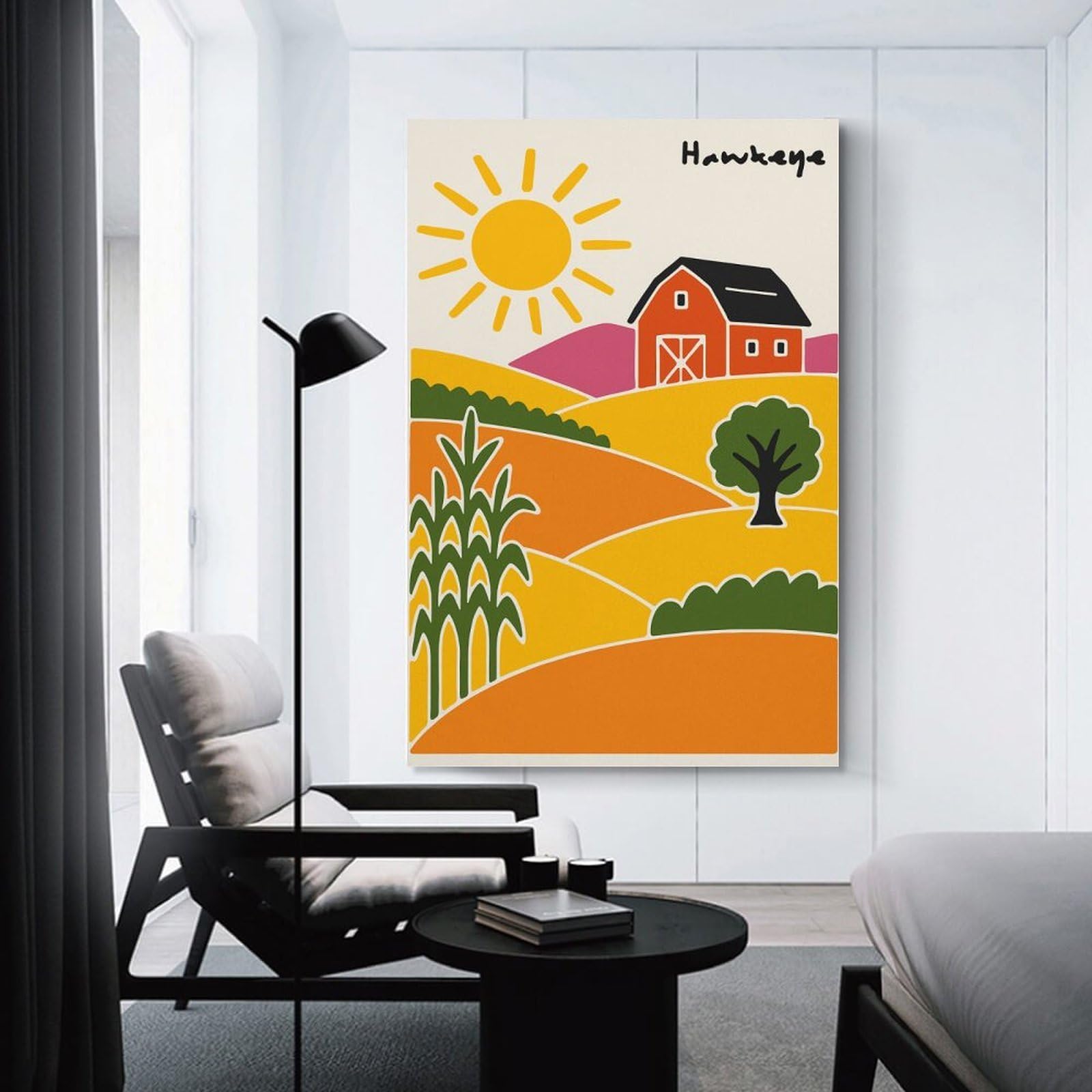 Junmoney Hawkeye Iowa Farm Landscape Illustration Canvas Wall Art 20x30inch(50x75cm), for Home Lounge, Bedroom Or Reading Nook, Eye Catching Artwork for Blank Walls