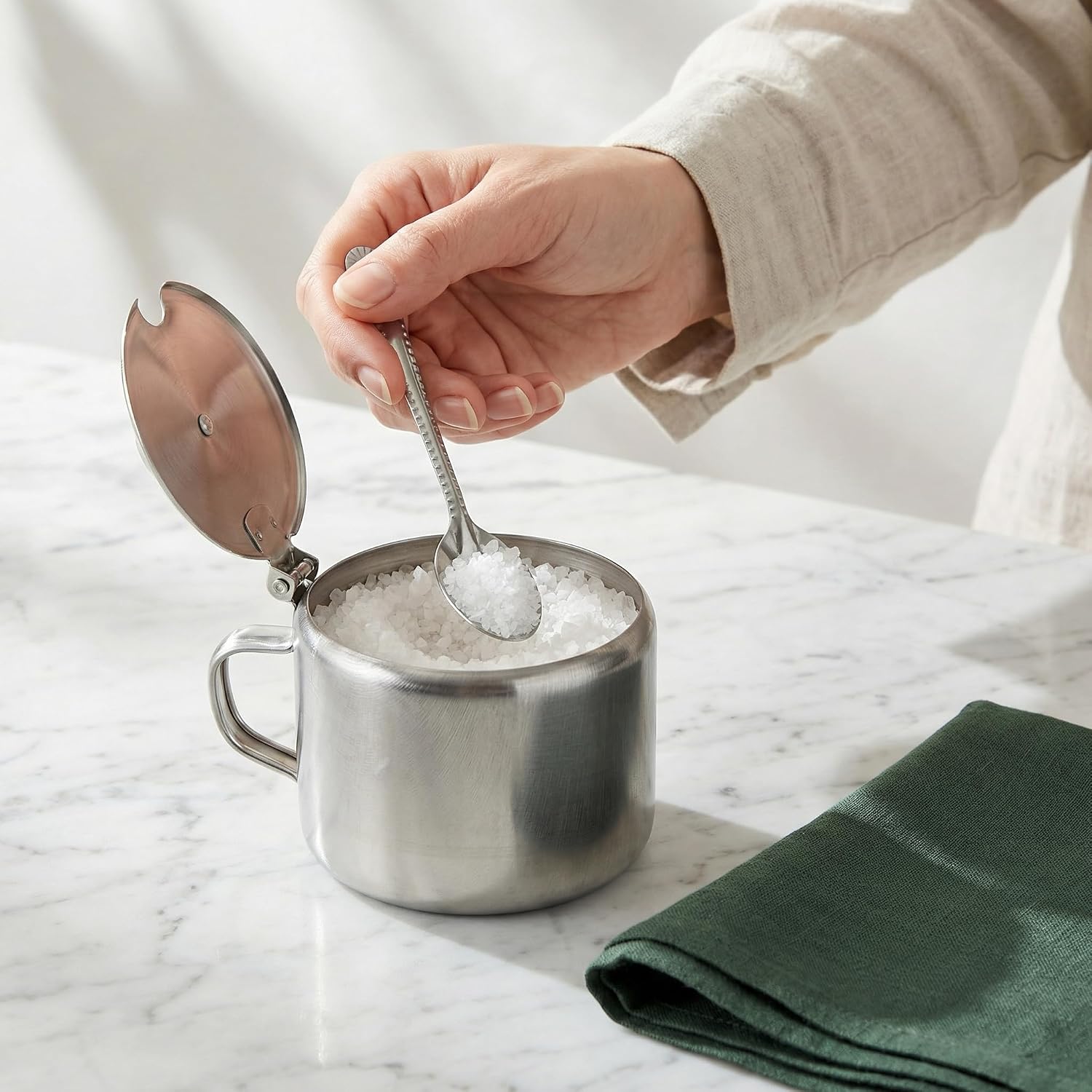 Cabilock Stainless Steel Sugar Bowl with Lid and Spoon - 10oz Compact Condiment Jar & Spice Container for Countertop - Farmhouse Salt Cellar for Kitchen, Coffee Bar, and Dining Table (Silver)