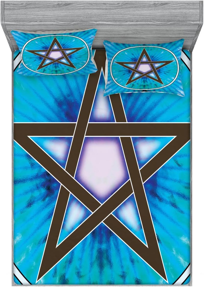 Ambesonne Pentacle Fitted Sheet & Pillow Sham Set, Interlaced Pentagram Star Framed by Circular Shape on Beam Hand Drawn Pattern, Decorative Printed 3 Piece Bedding Decor Set, Full, Multicolor
